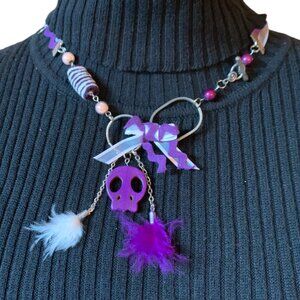 2x25$ 🐿 🍁 CREATION - Skull short necklace - ruban bead feather - purple white